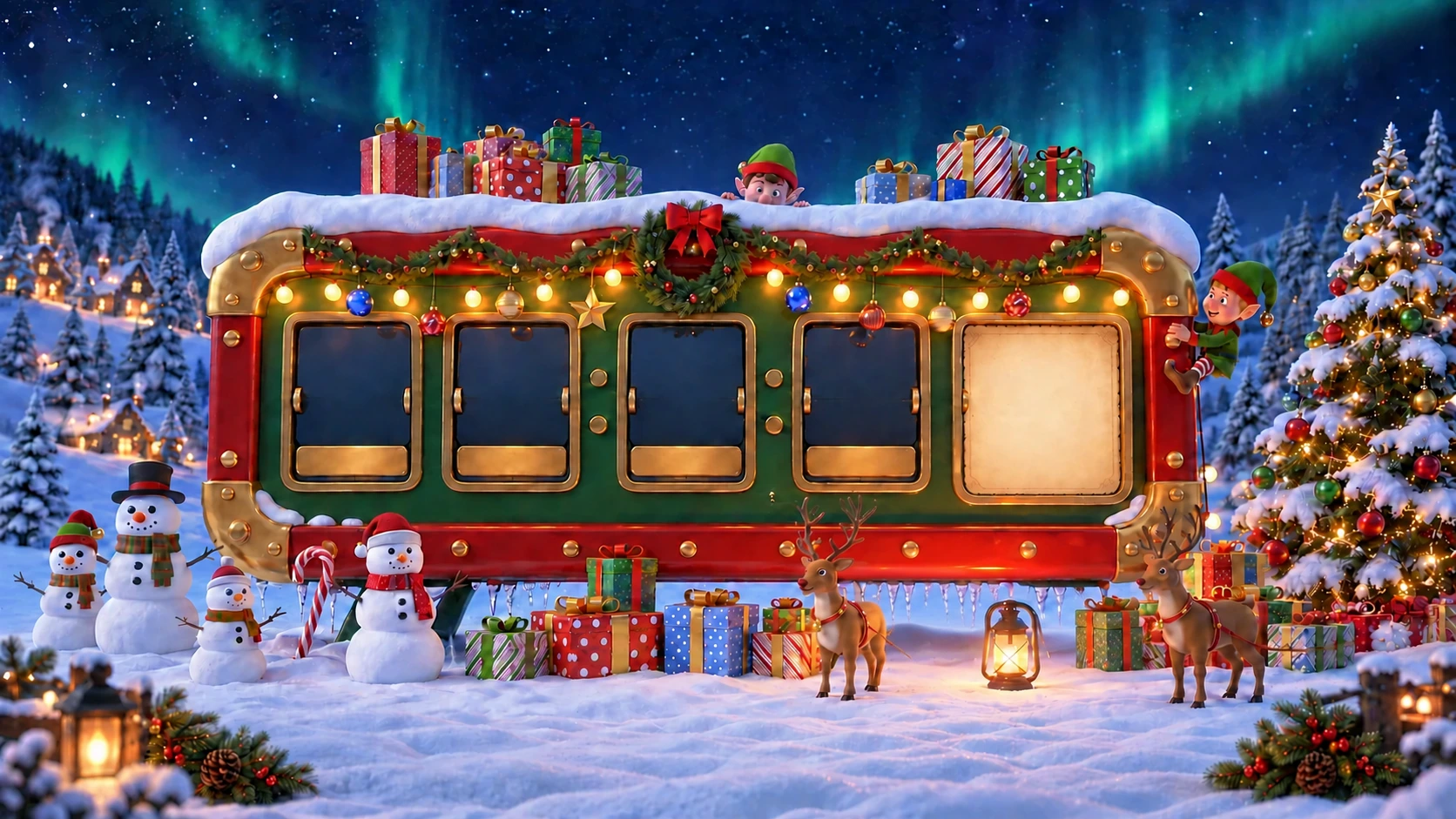 Santa, elves, snowmen and reindeer gather around a snowy brass-trimmed Christmas clock beneath the northern lights.